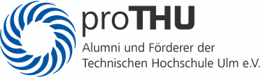 Logo der proTHU mit blauem, spiralförmigem Symbol links und Schriftzug 'proTHU Alumni und Förderer der Technischen Hochschule Ulm e.V.' rechts.